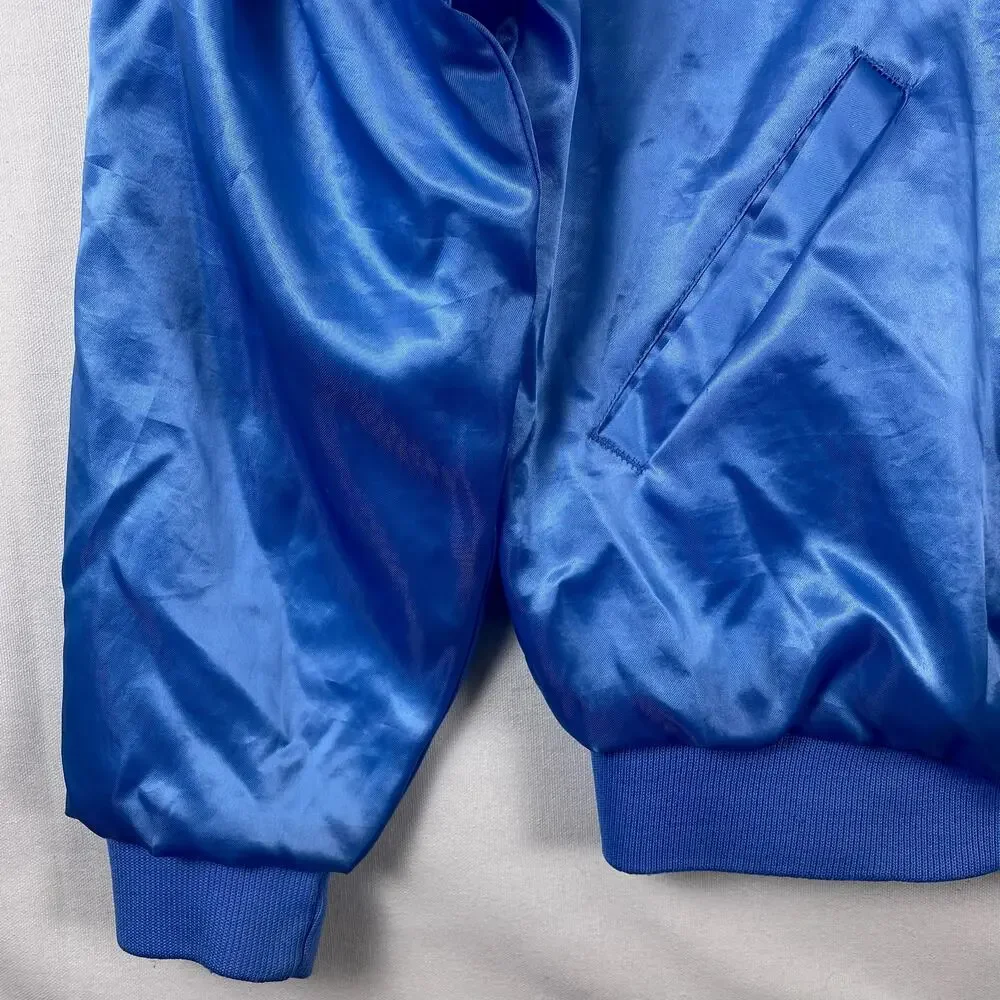 Margarita Ville Satin Bomber Jacket Mens M Blue Parrot Palm Bar Souvenir Vintage
